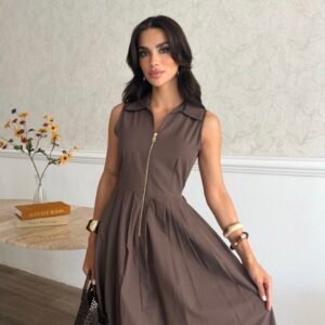 فستان نسائي ميدي من قماش البوبلين بتصميم بلا أكمام وسحاب أمام